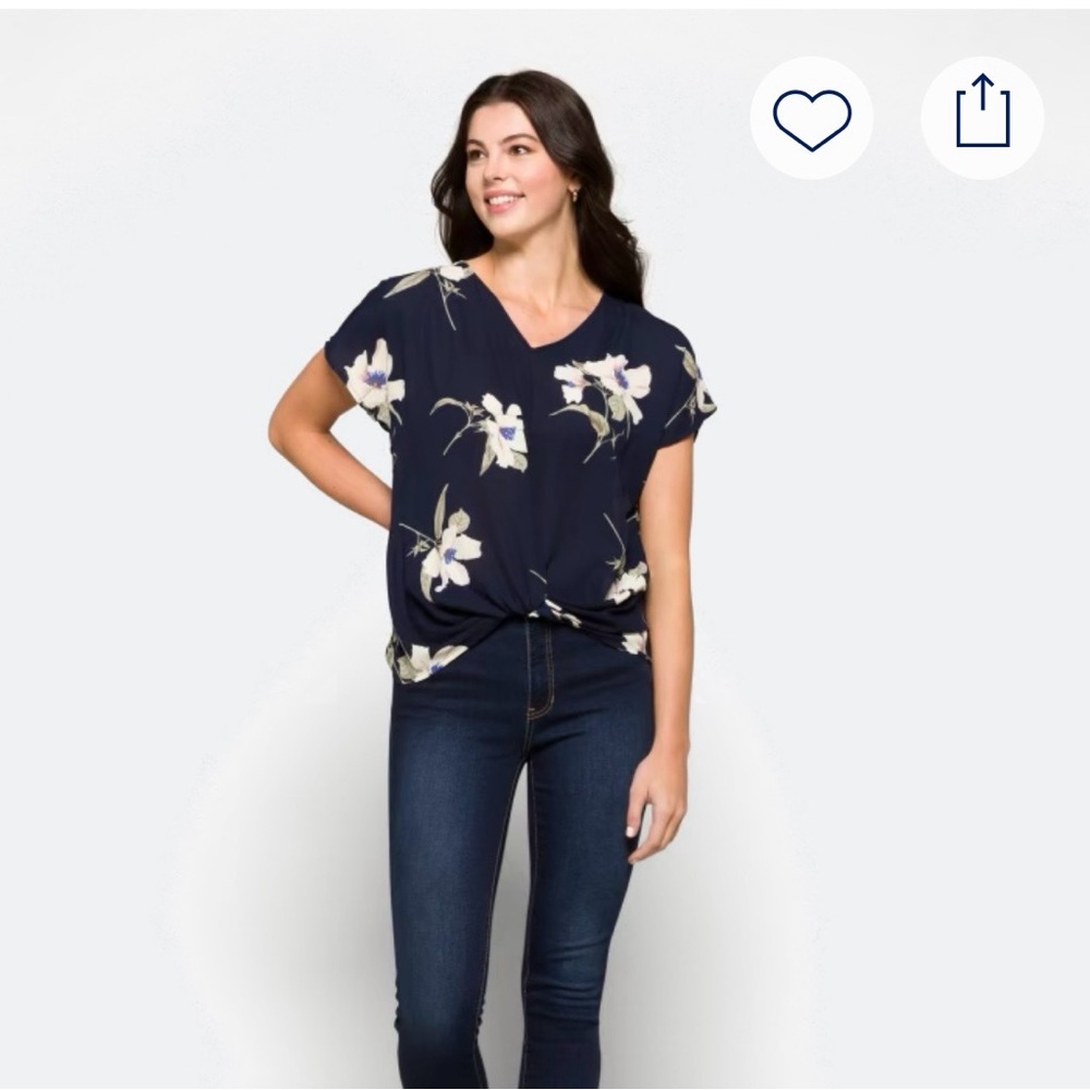 BEACON Navy Floral Twist Front Blouse Preppy Office Top Size Medium